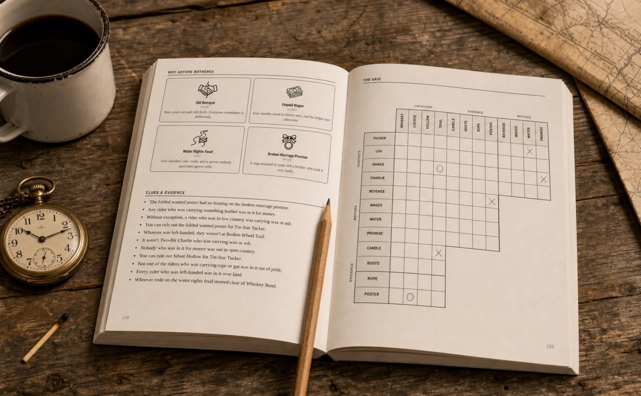 The open paperback on a wooden table beside a tin mug of coffee and a pocket watch. The left page lists motives and a bulleted set of clues; the right page holds a blank logic grid, partly filled in with pencil marks.