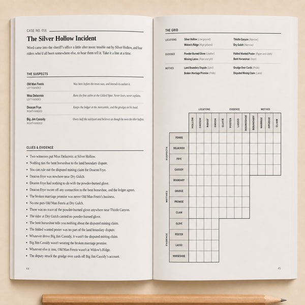 A closer look at a single case spread, numbered Case No. 016, The Silver Hollow Incident. Headed sections read The Suspects, Clues and Evidence, and The Grid, with the grid's columns grouped under Locations, Evidence and Motives.